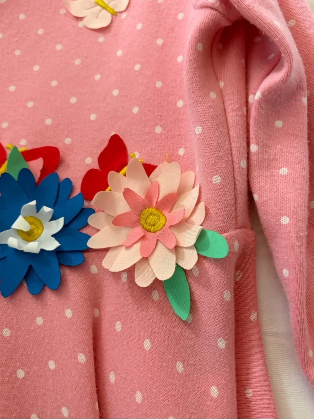 Mini Boden Pink Polka Dot Dress with Colorful Floral & Butterfly Appliqués